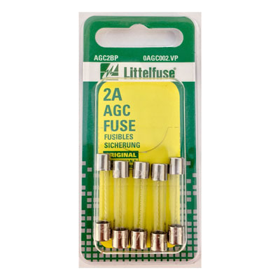 LittelFuse 5 pack 2 Amperage AGC Glass Replacement Fuses - Main Image