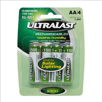 Ultra Last Nickel Metal Hydride AA Solar Powered Lighting Rechargeable Battery - 4 Pack 