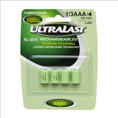 Ultra Last Nickel Metal Hydride 1/3 AAA Solar Powered Lighting Rechargeable Battery - 4 Pack