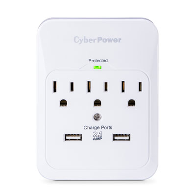 CyberPower 600 Joule 3 Outlet and 2 USB Ports Wall Outlet Surge Protector - White