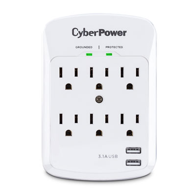 CyberPower Professional 6 Outlet and 2 USB White Wall Tap with Surge Protection