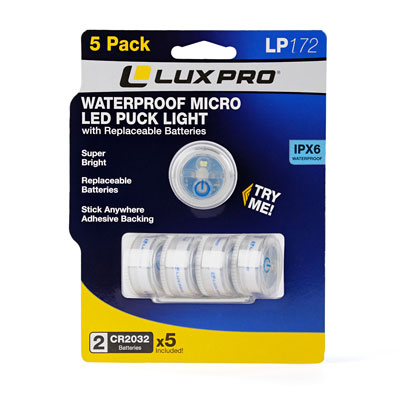 LuxPro LP172 Wateproof Micro 16 Lumen CR2032 Puck Lights - 5 Pack - FLA10086