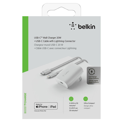 Belkin USB-C Wall Charger Base with a 4ft USB-C to Lightning Cable Cord - White