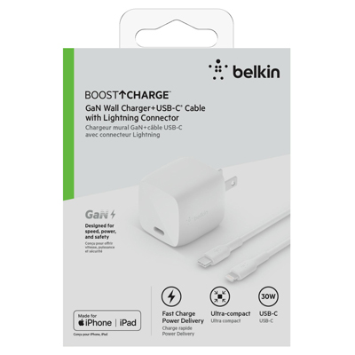 Belkin BOOSTCHARGE™ 30W USB-C GaN Wall Charger and USB-C to Lightning Cable
