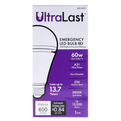 UltraLast 7 Watt A21 3000K Soft White Energy Efficient Emergency Battery Backup LED Light Bulb - LED13927