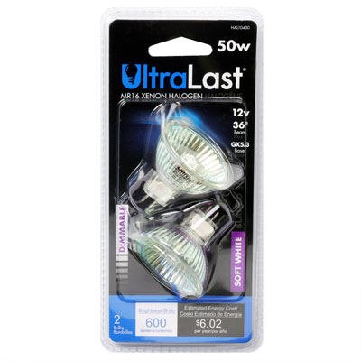 UltraLast 50W 600 Lumen MR16 Soft White Halogen Bulb - 2 Pack - HAL10430
