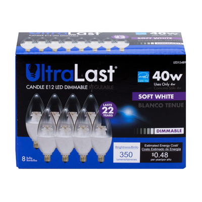UltraLast B11 LED Light Bulb, 4 Watt Candelabra Base, Dimmable - 8 Pack