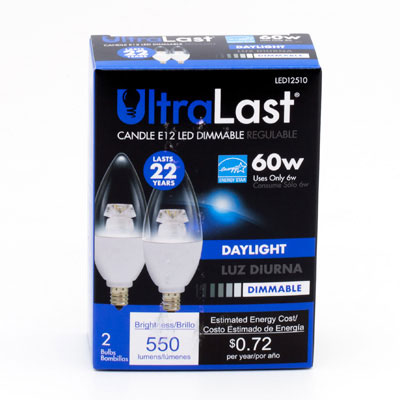 UltraLast 60 Watt Equivalent B13 Candle 5000k Daylight Energy Efficient LED Light Bulb - 2 Pack - LED12510