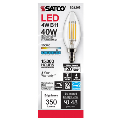 Satco 40 Watt Equivalent B11 5000K Daylight Energy Efficient Candle LED Light Bulb - LED13574