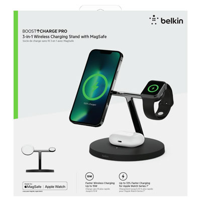 Belkin BoostCharge Pro 3-in-1 iPhone Wireless Charging Stand with MagSafe 15W Fast Charging - Black - PWR10647