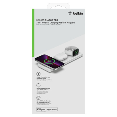 Belkin BoostCharge Pro 3-in-1 Wireless Charging Pad with MagSafe Charging 15W - White - PWR11202