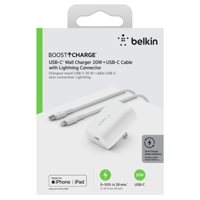 Belkin BOOST Charge Pro USB-C Wall Charger 20W with USB-C to Lightning Cable - White - PWR11244