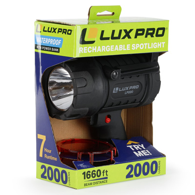 LuxPro 2000 Lumen Rechargeable LED Spotlight with Power Bank - FLA10112