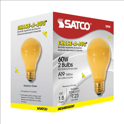 Satco 60W E26 A19 Incandescent Bug Light Bulb - 2 Pack - BUG10001