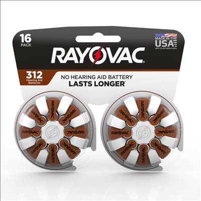 Rayovac 1.4V Type 312 (Brown) Zinc Air Battery - 16 Pack