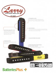 Lary 8 LED Pocket Work Light; 8 powerful LEDs, LED Housing, 3 AAA Batteries Included, Water-resistant reinforced plastic body design, Power button, Rotating magnetic clip