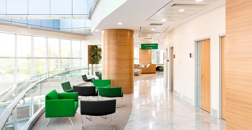 View of a hospital hallway using downlights